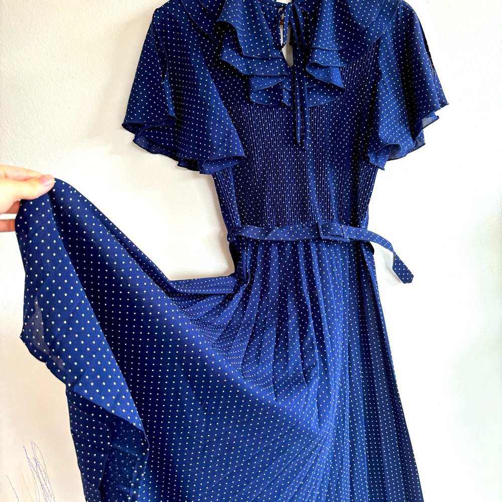 Navy Polka Dot Midi Dress with Ruffle Collar